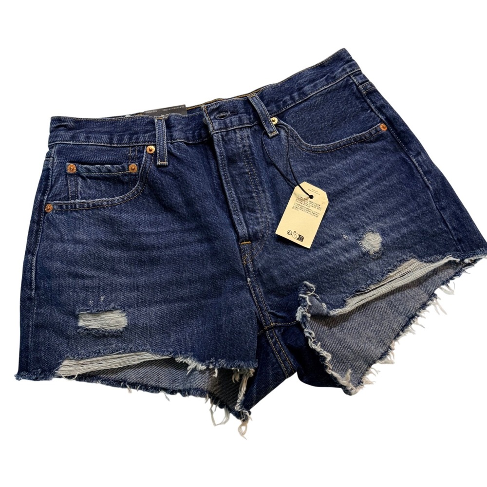 Levi's 501 Denim Shorts Size 28 High Rise Dark Wash Distressed Button Front NWT